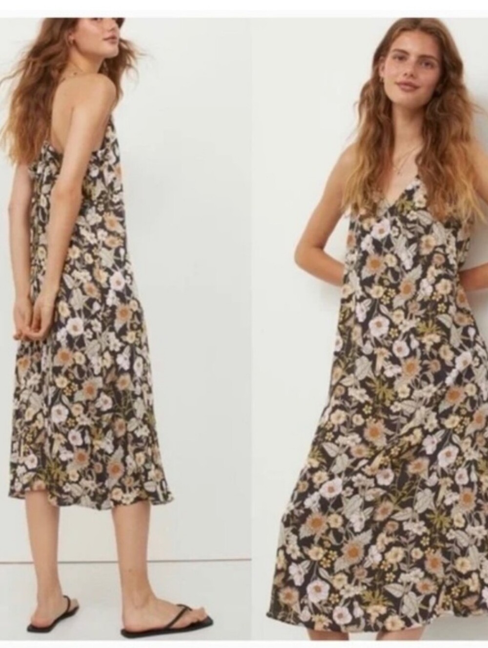H&M Boho Open Tie Back Floral Silky Midi Dress